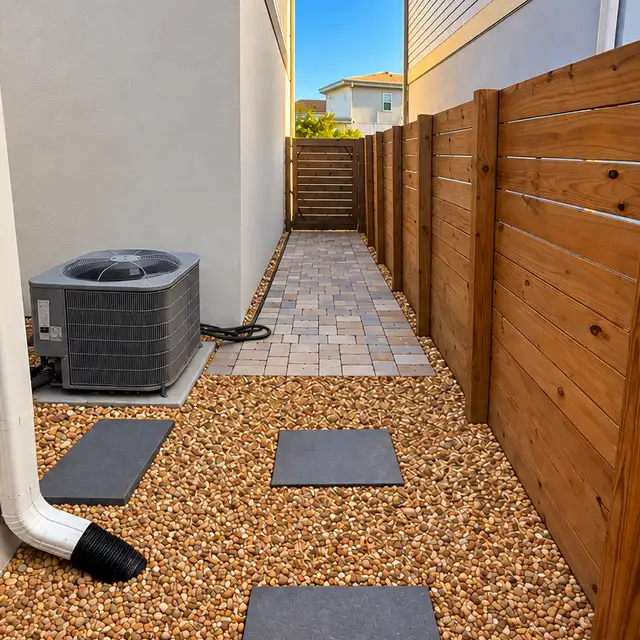 The same corner in river rock and stepping stones, with a paver path to the gate