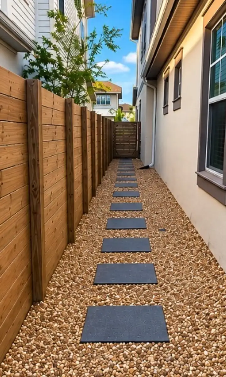 The same side yard finished with river rock and dark stepping stones