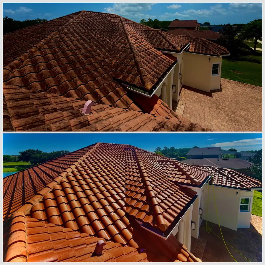 A clay tile roof before and after a wash